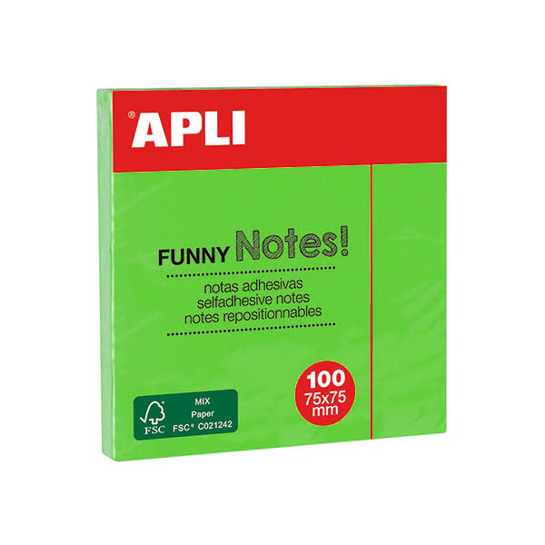 Notes repositionnables Apli 75x75 vert brillant - 100 Feuilles Funny Notes