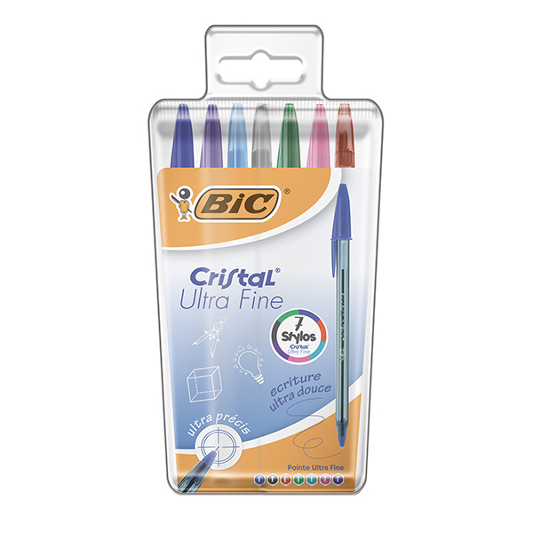 Bic Cristal Ultra Fine - Pochette de 7 couleurs