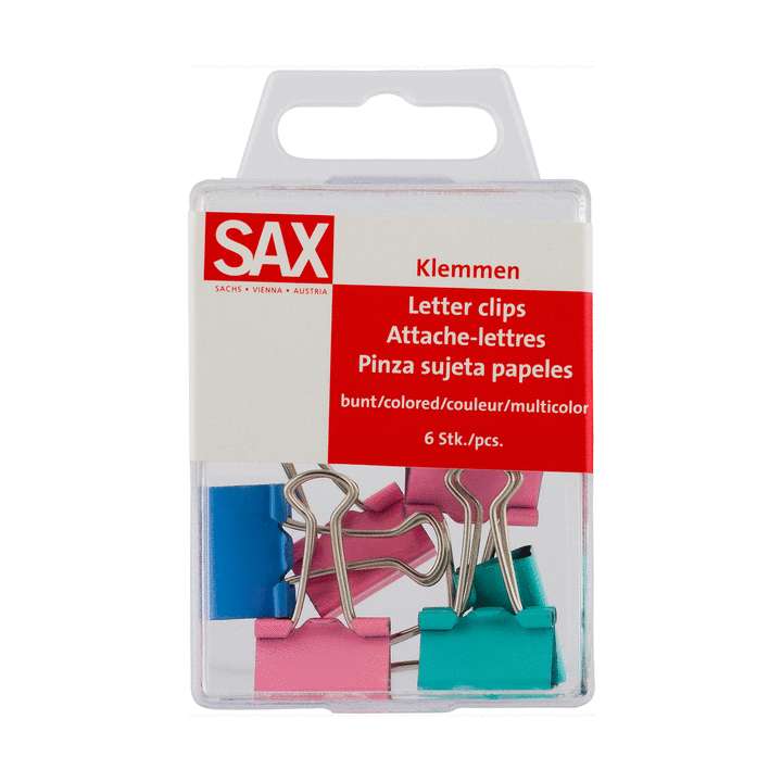Boite de 6 Pinces a papier SAX 19mm couleurs