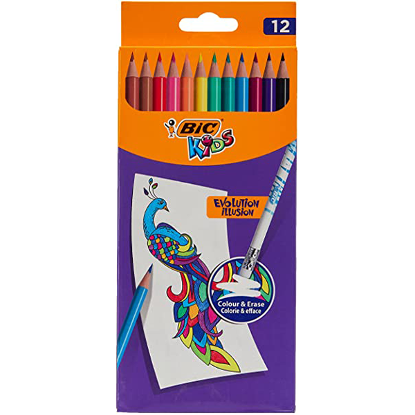 BIC Kids Evolution Illusion Crayons de Couleur Effaçables - Couleurs Assorties, Etui Carton de 12